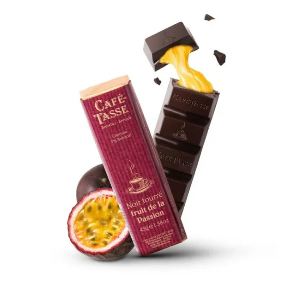 Barre de chocolat Noir fourré Fruit de la Passion, Café Tasse