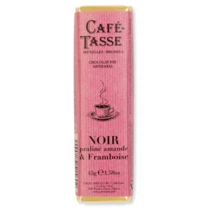 Barre de chocolat Noir praliné Amande et Framboise, Café Tasse
