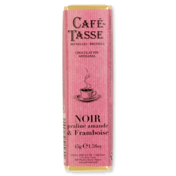 Barre de chocolat Noir praliné Amande et Framboise, Café Tasse