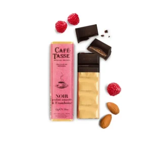 Barre de chocolat Noir praliné Amande et Framboise, Café Tasse