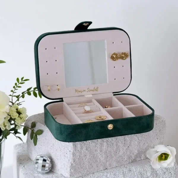 Boîte à Bijoux de Voyage Brigitte Velours Vert, Maison Scarlett