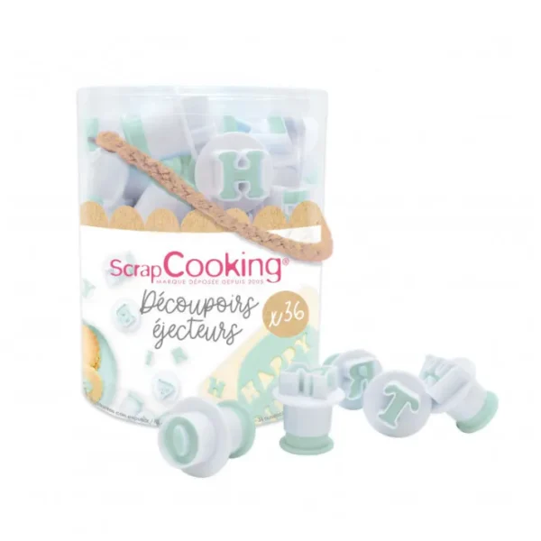 Seau 36 découpoirs éjecteurs chiffres et lettres, Scrapcooking