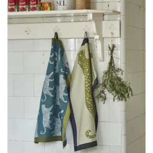Torchon jacquard Léo Céladon/Kaki, Sylvie Thiriez